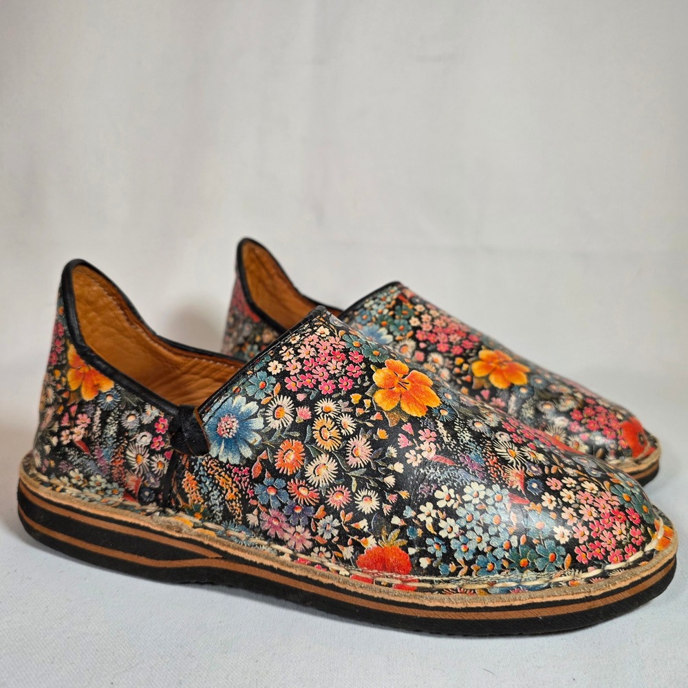 Floral Leather Huaraches Multicolor Womens 9 Slip On Loafers Boho Cottagecore